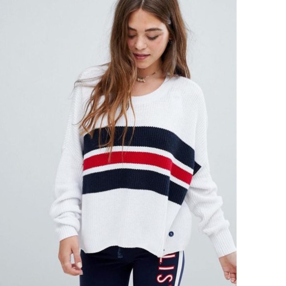 Hollister white cozy sweater w/ Navy & red stripe